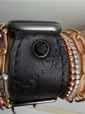 Upcycled black Gucci leather Spark*l band for Apple Watch, size 2